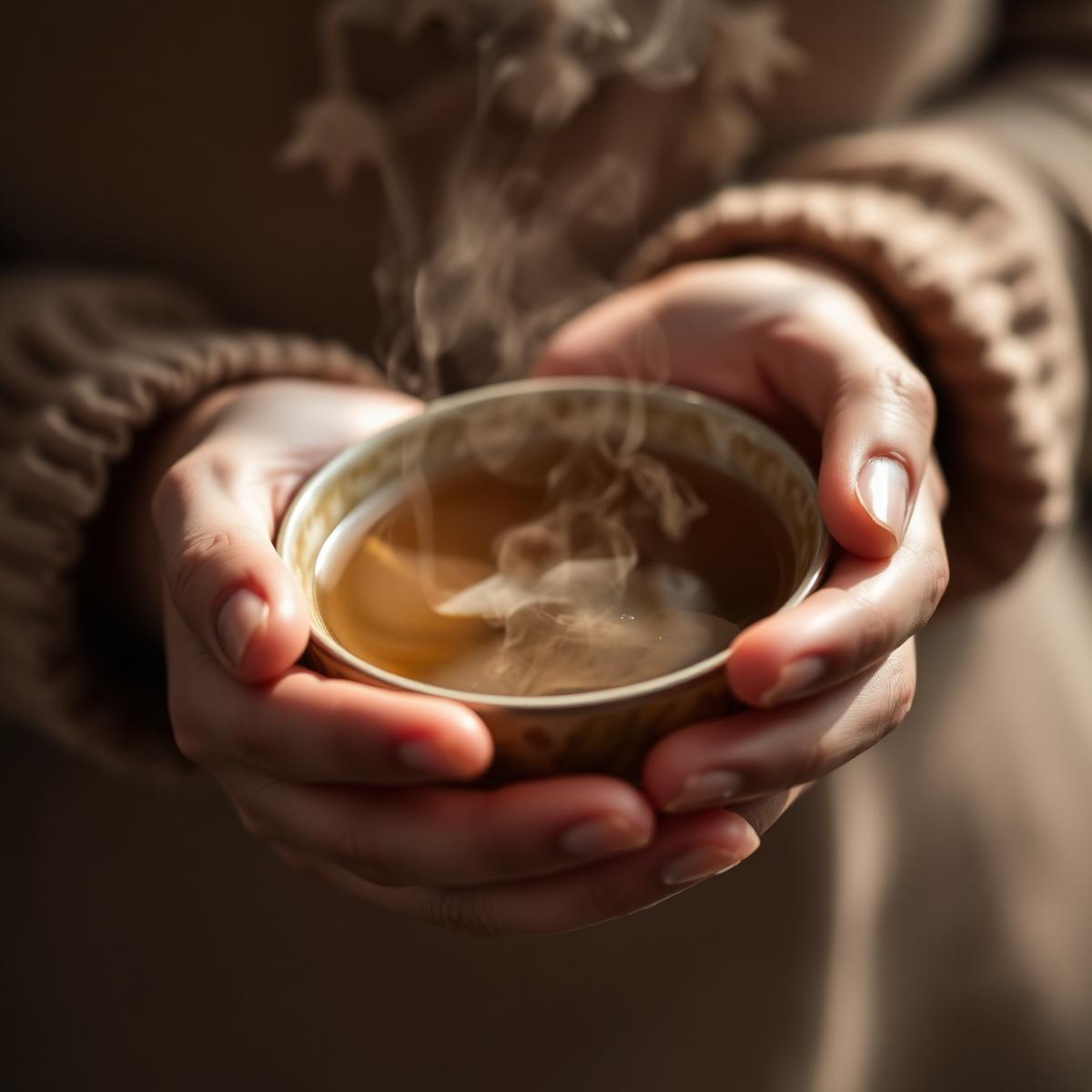 Hands cupping a small bowl of steaming tea